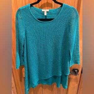 EILEEN FISHER GREEN ORGANIC LINEN ASYMMETRICAL OPEN KNIT‎ SWEATER TUNIC SIZE XS